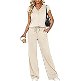 Casly Lamiit Two Piece Sets for Women Summer Travel Outfits V Neck Cap Sleeve Top Wide Leg Pant Set Casual Lounge Clothes