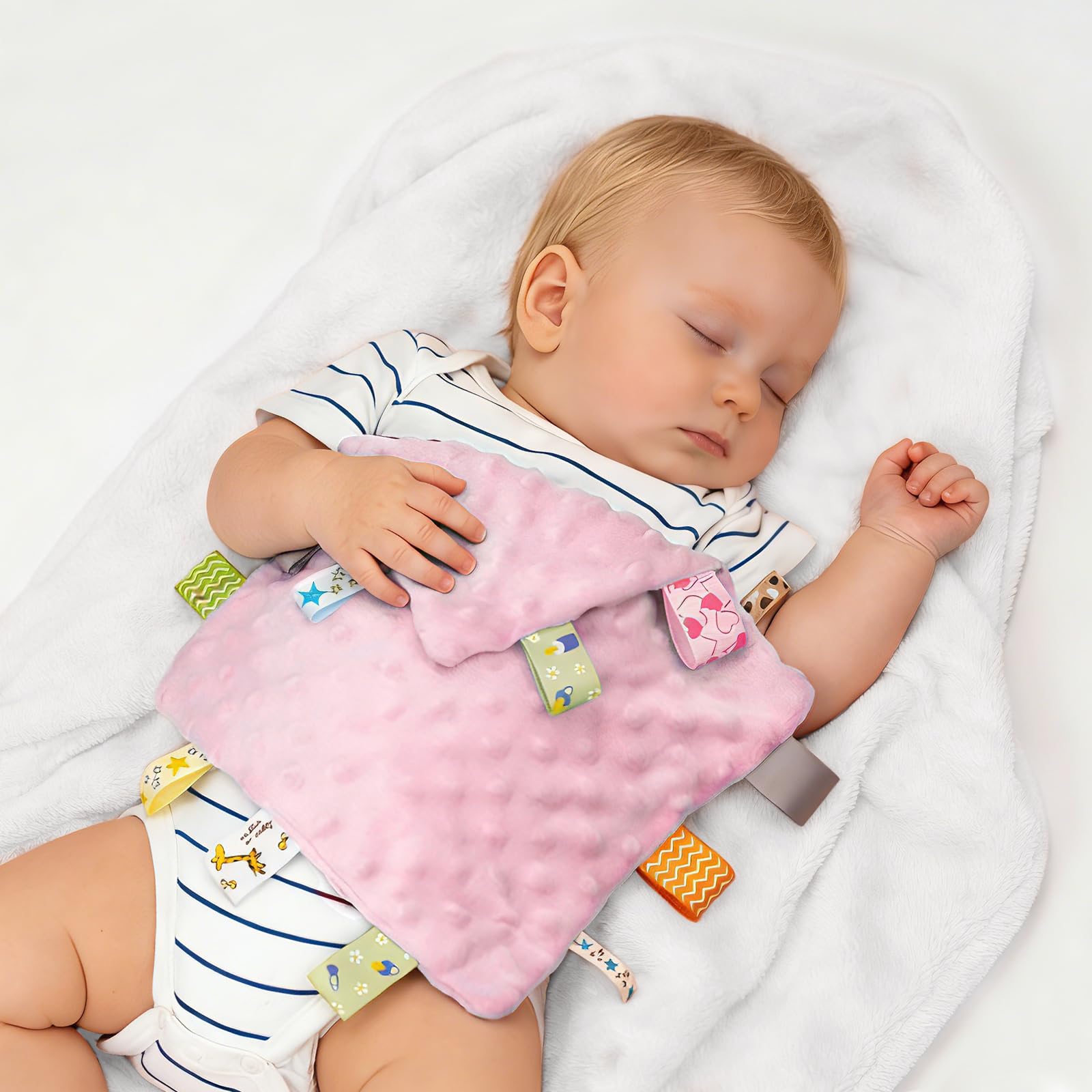 ZIGJOY Baby Comforter blanket with Tags Taggy Blanket Taggie Comfort Blanket Baby Soothing Plush Security Blanket with Colorful Tags Gift for Newborn Infant Boy Girl Pink