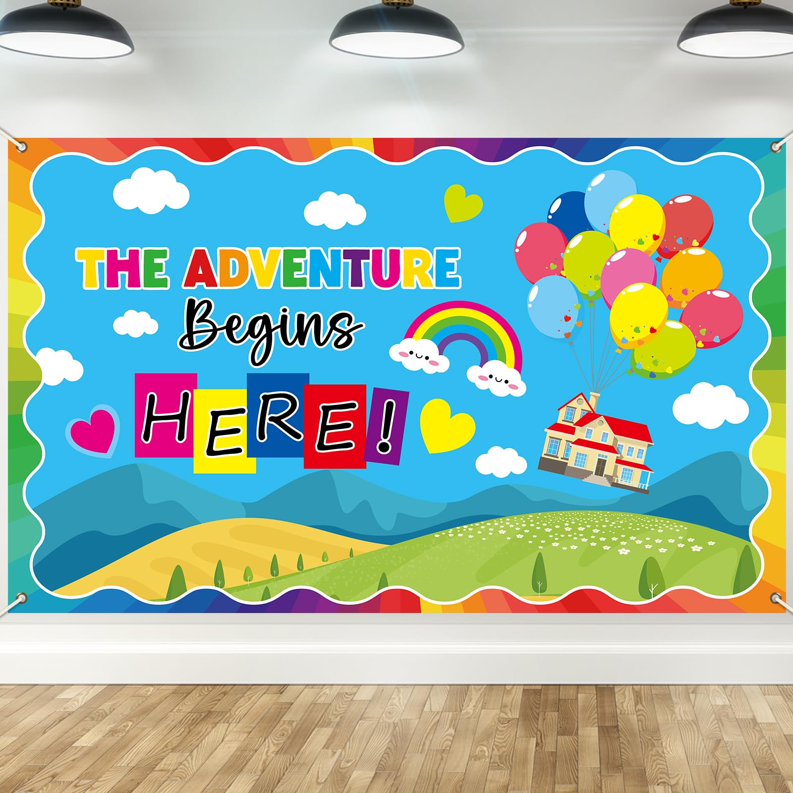 Photo 1 of Wiooffen Back to School Classroom Decorations Colorful The Adventure Begins Here Backdrop Inspirational Motivational Hanging Banner Photo Booth Props Background for School Hallway Home Wall Decor