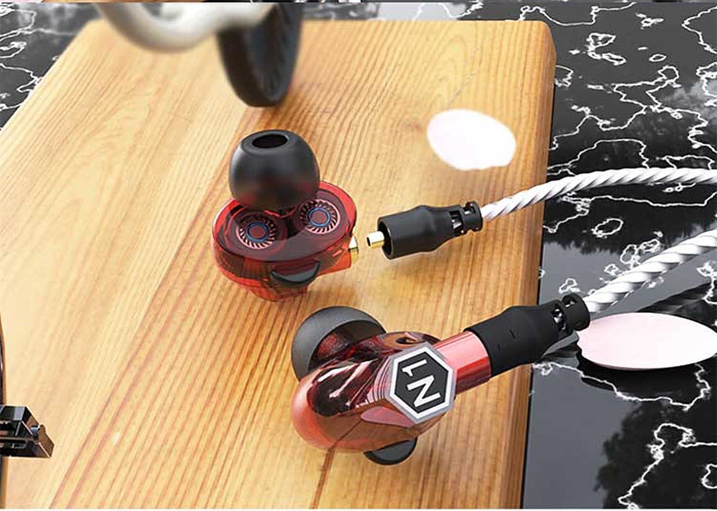in-Ear Headphones VJJB Dual Dynamic Coils Replacable Cables Built-in MIC Stereo Noise Reduction Earphones HiFi Deep Bass Headsets Sweatproof Waterproof Earbuds for All Music Player-Clear Red