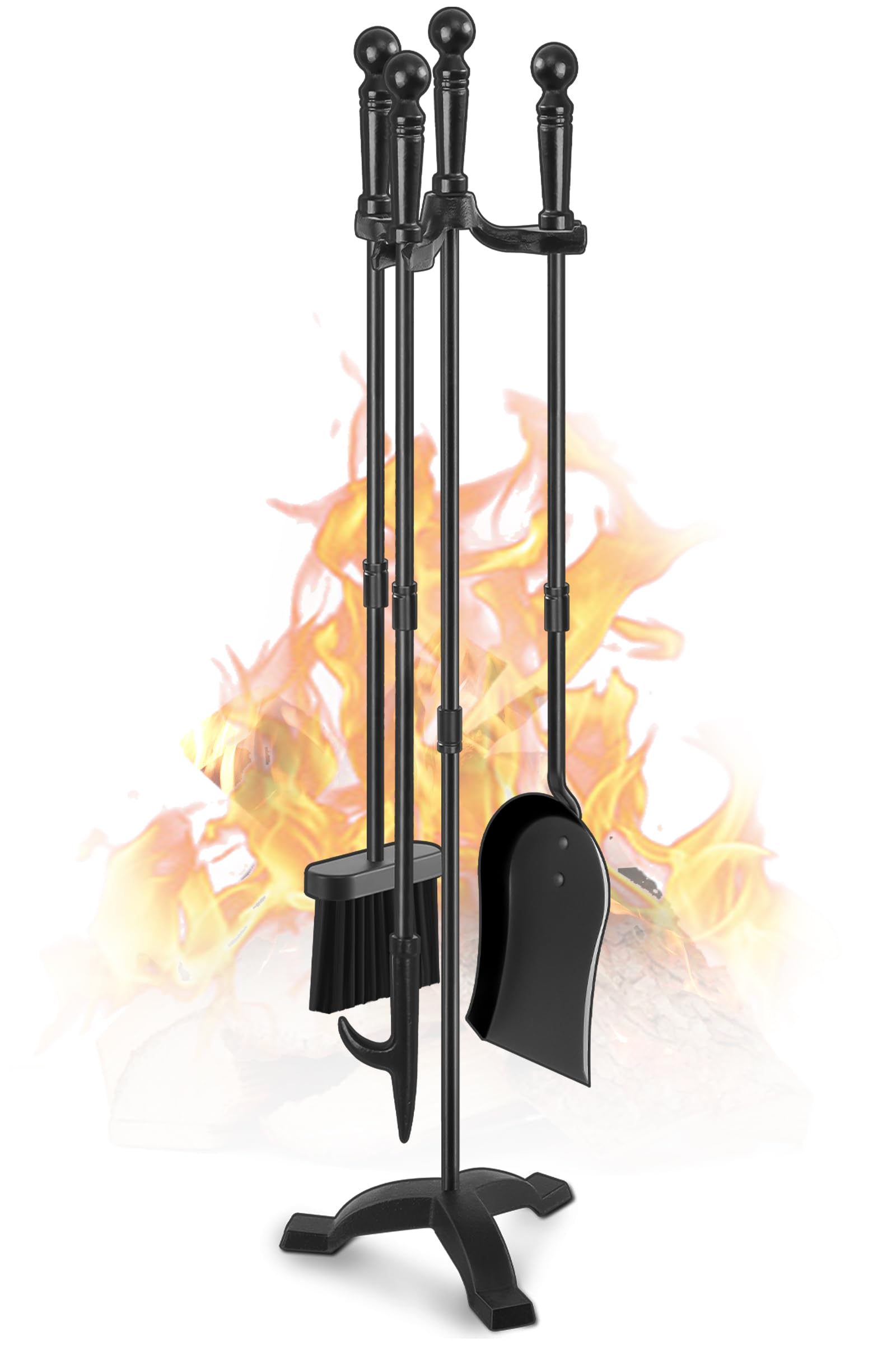 Photo 1 of Fireplace Tools Set 4 Pcs 30 Inch Black Wrought Iron Large Fire Tool Set for Outdoor/Indoor Include Chimney Poker, Antique Shovel, Rustic Brush and Stand Accessories Set