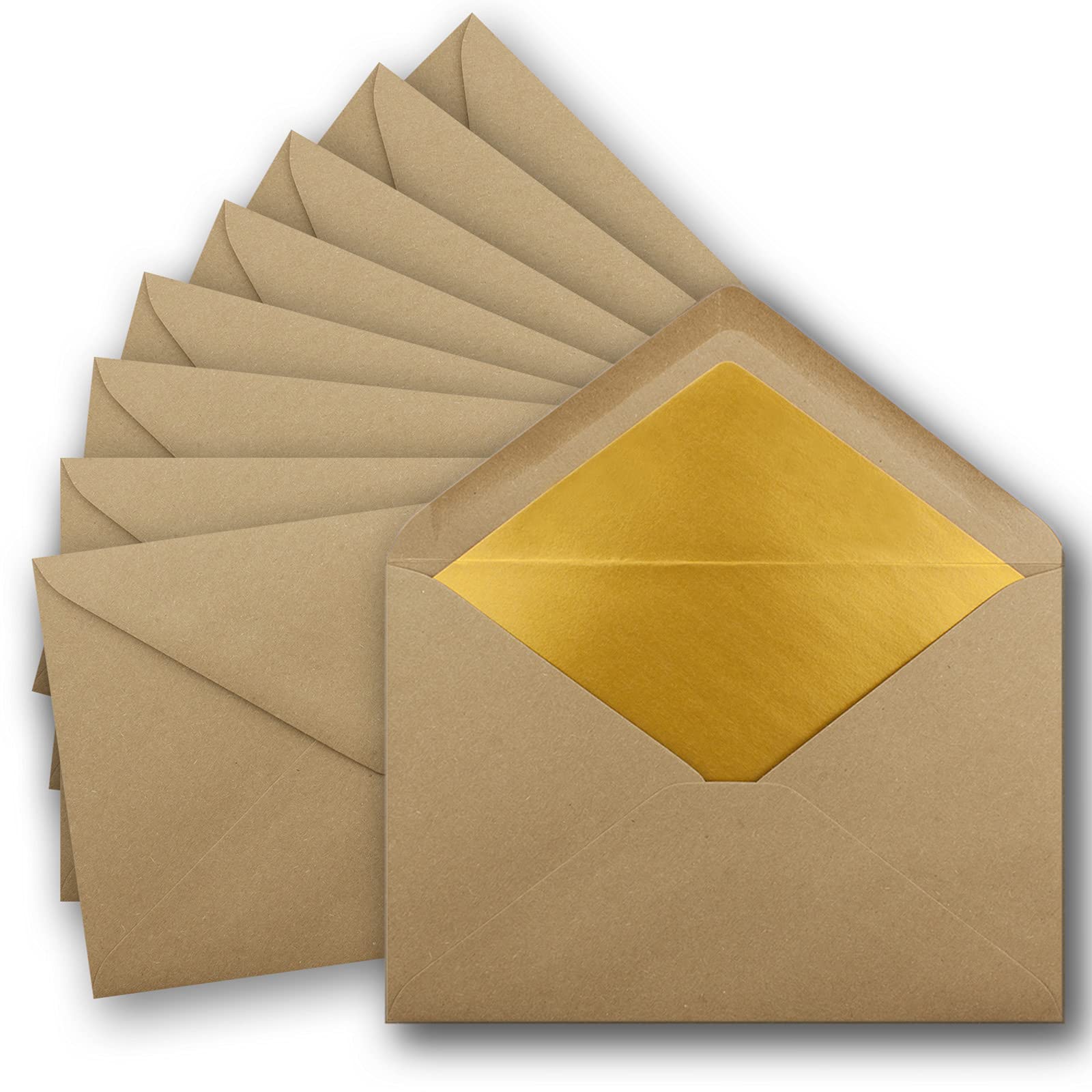 10 x DIN C5 envelopes 15.7 x 22.5 cm made from kraft paper in sand brown with golden silk lining - wet adhesive - blank letter envelopes made from recycled paper, UmWelt series.
