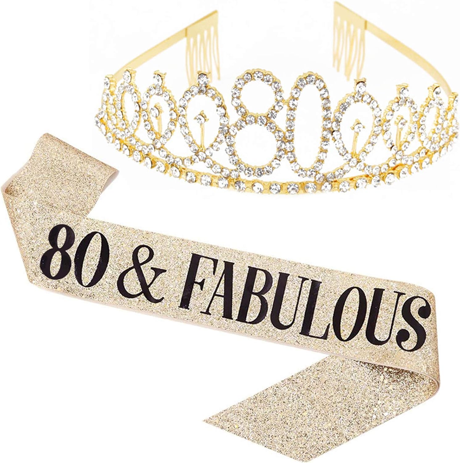 Leixi 80 and Fabulous Sash & Rhinestone Tiara Set - 80th Birthday Sash 80 Birthday Gifts Party Favors (Gold)