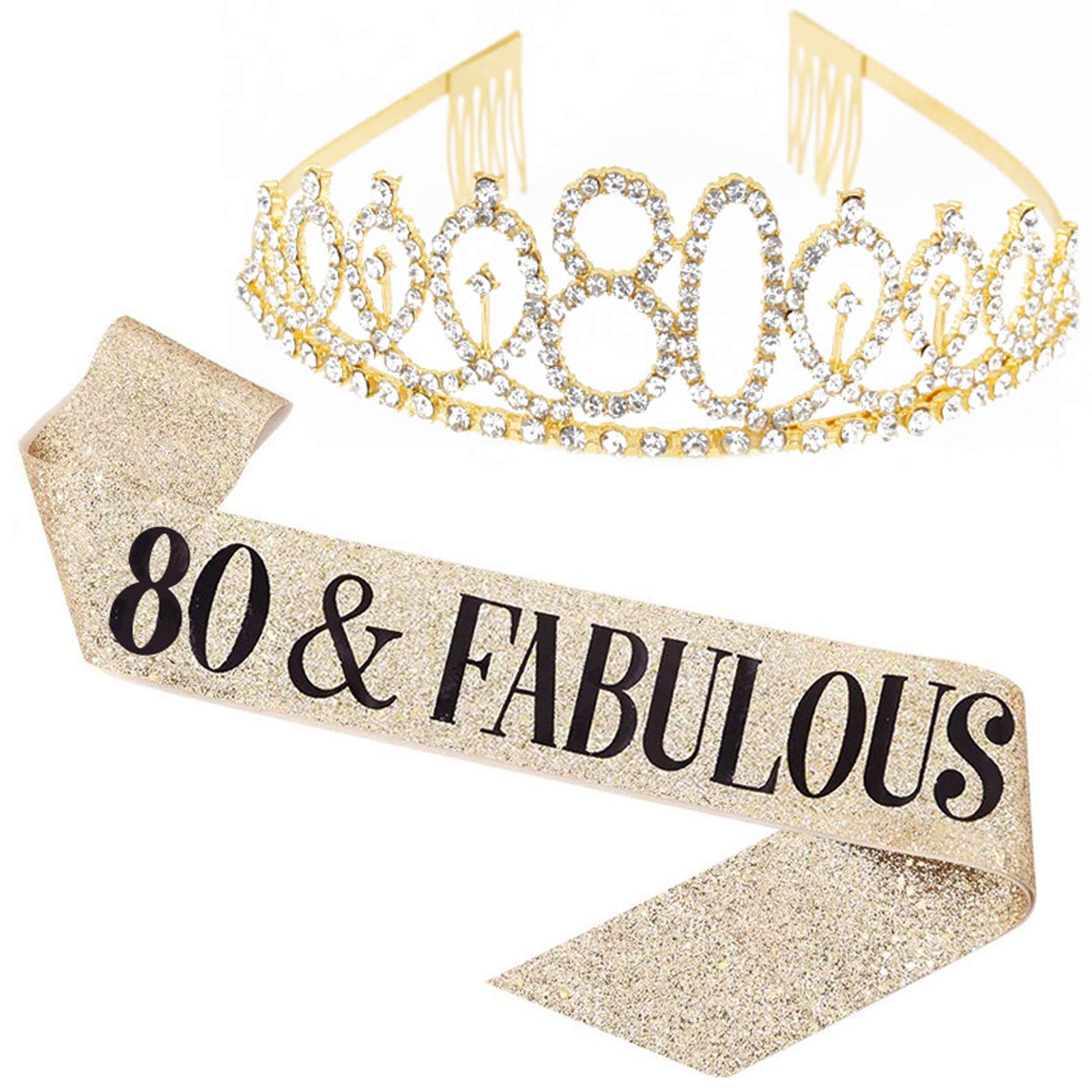 Leixi 80 and Fabulous Sash & Rhinestone Tiara Set - 80th Birthday Sash 80 Birthday Gifts Party Favors (Gold)