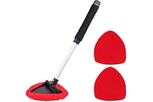 TAKAVU Windshield Window Cleaner Tool, Extendable Long-Reach Handle, Unique Pivoting Triangular Head, 3 Washable Reusable Microfiber Bonnets, Car & Home Inside Interior Exterior Use - Lint Free (Red)