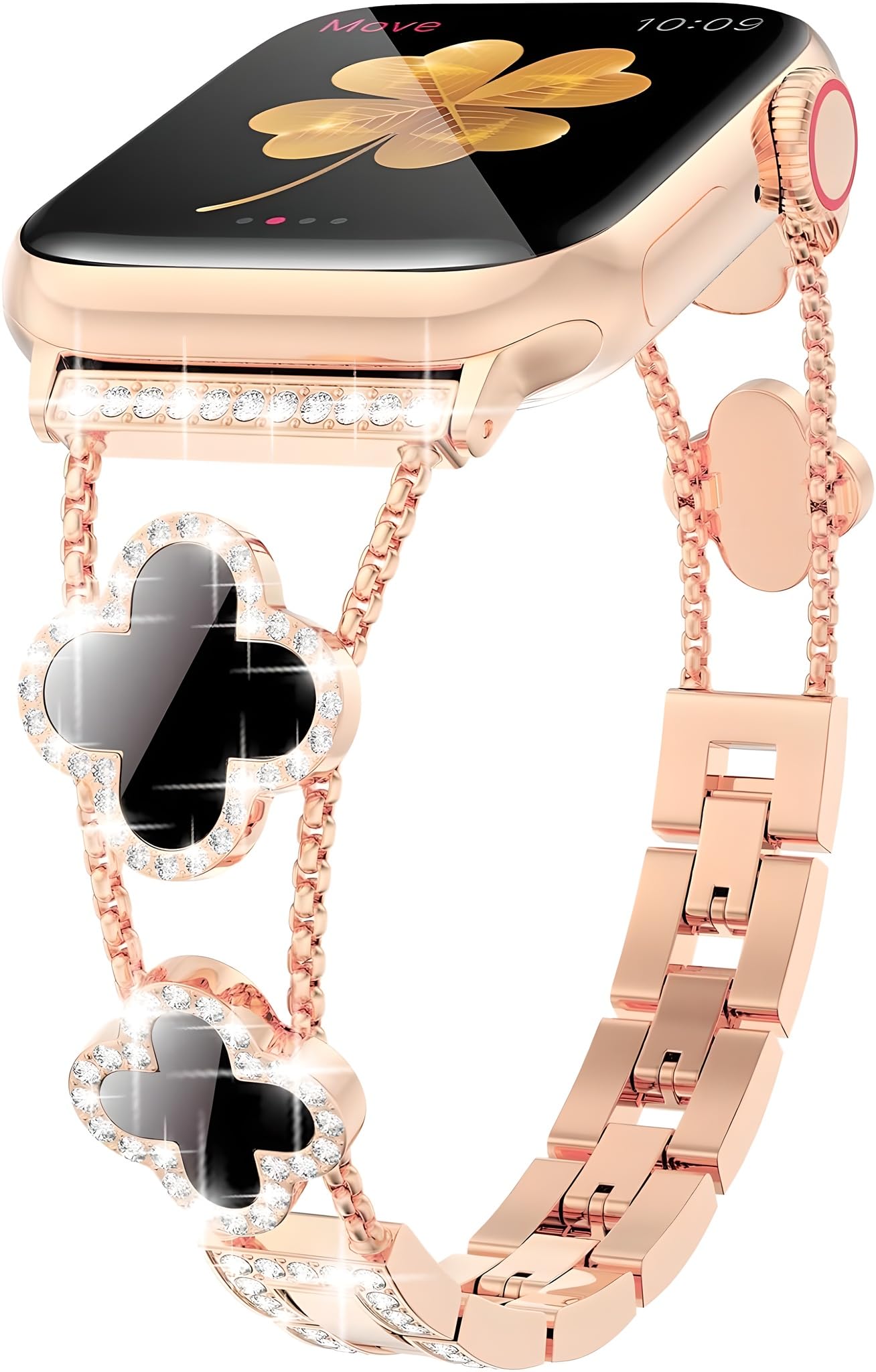 Women Bling Diamond Lucky Clover Band Compatible with Apple Watch Strap 38mm 40mm 41mm 42mm 42mm 45mm 46mm Series SE 11 10 9 8 7 6 5 4, Sparkle Diamond Bracelet Wristband, Dressy iWatch Band