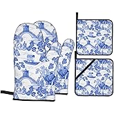 Blue Chinoiserie Pagoda White Oven Mitts and Pot Holders Set of 4, Oven Mittens and Potholders Heat Resistant Gloves for Kitchen Cooking Baking Grilling BBQ