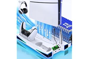 AIFASTERFLY Cooling Station for PS5 / PS5 Slim Console, With Controller Charger for PlayStation 5, 3-Level Fan & RGB LED for PS5/ 2023 PS5 Slim Cooling Stand, Headset Holder, 3 Charging Ports, Accessories for PS5