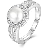 JO WISDOM Pearl Ring,925 Sterling Silver Women's Rings Cubic Zirconia with 8mm White Freshwater Cultured Pearl Ring size 5-10