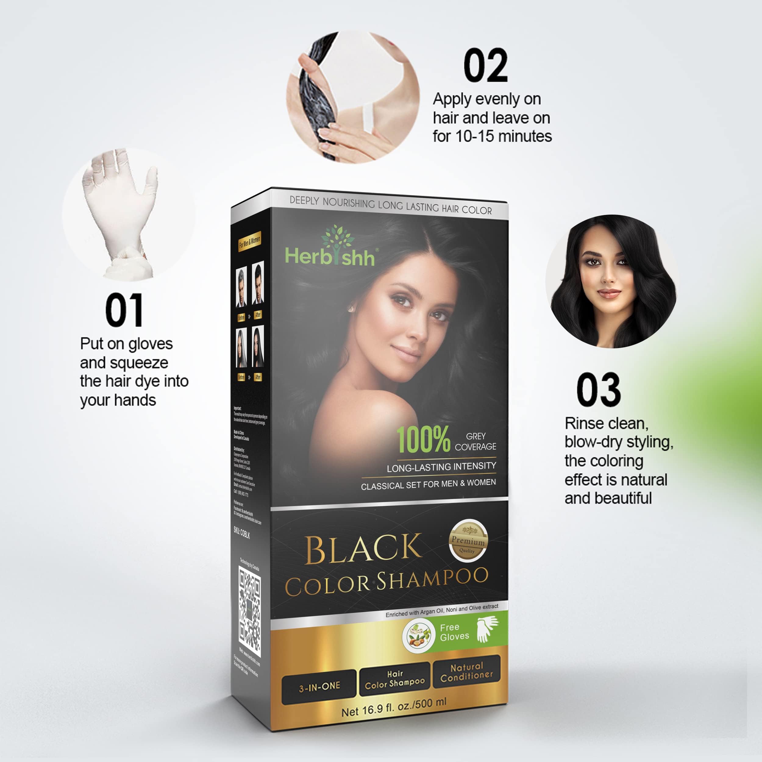 Herbishh Hair Color Shampoo for Gray Hair – Natural Hair Dye Shampoo – Colors Hair in Minutes – Lasts Up To 3-4 Weeks – 500ML – 3-In-1 Hair Color – Colors, Cleanses, and Conditions (Black)