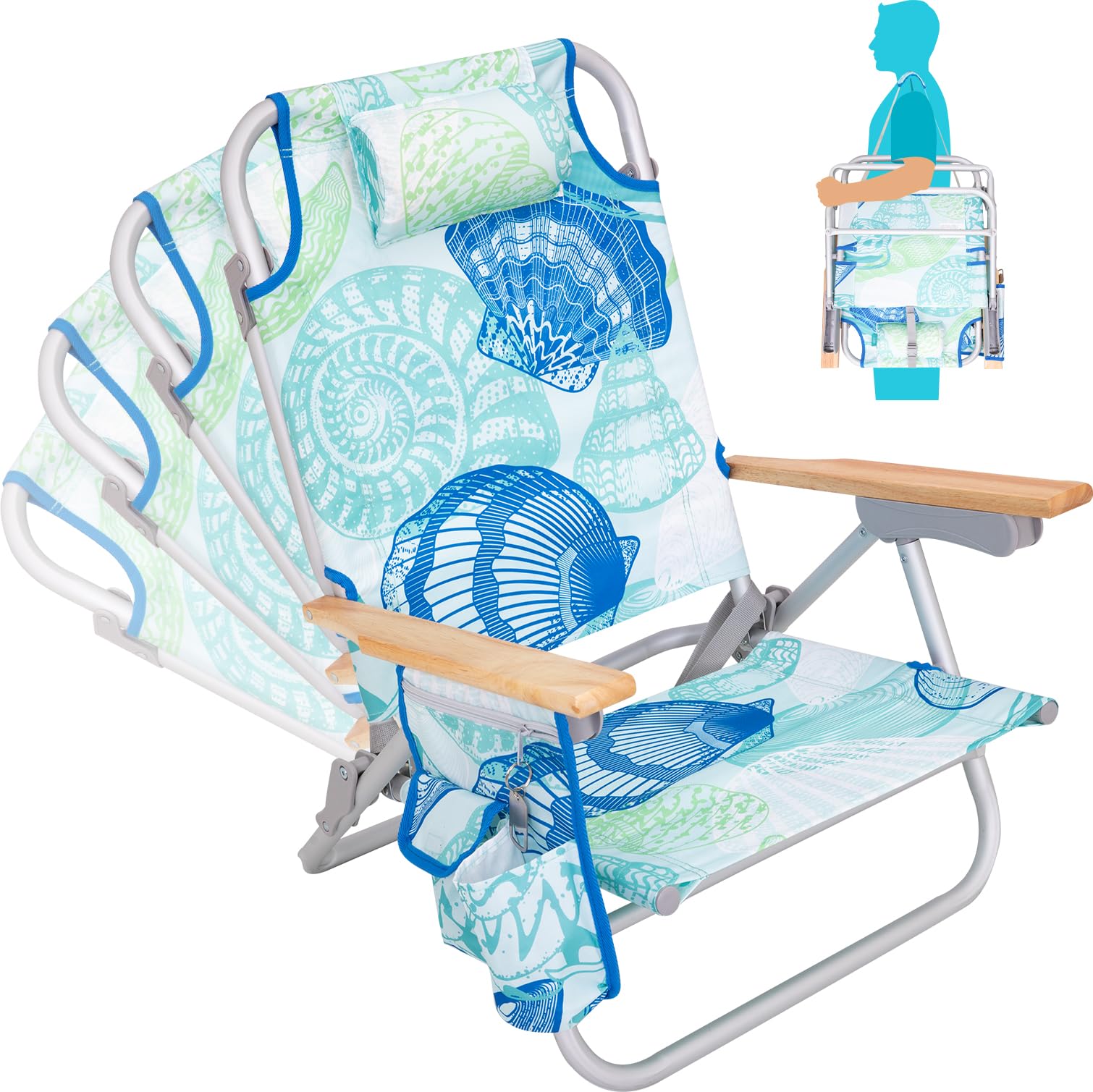 Photo 1 of #WEJOY Beach Chair with 4 Positions for Adults Portable Backpack Aluminum Beach Chair with Wooden Armrest Lightweight Folding Chairs with Back Pocket Bag for Lawn Pool Patio Camping (Cyan Green)