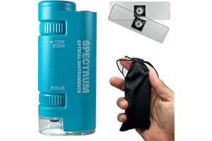 SPECTRUM OPTICAL INSTRUMENTS EasyMicro Pocket Microscope for Kids and Adults, 60X - 120X Kid Microscope for Kids 8-12, Portable Hand Held Microscope for Jewelers Plants Trichome, Portable Microscope with 2 Sample spicemens Blue