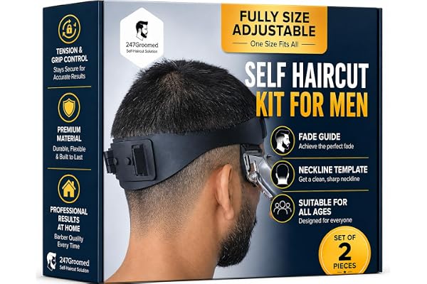 247 GROOMED Self Haircut Kit for Men | 2Pcs SelfCut Guide for Men: Neckline Shaving Template & Fade Guide | Adjustable Size H