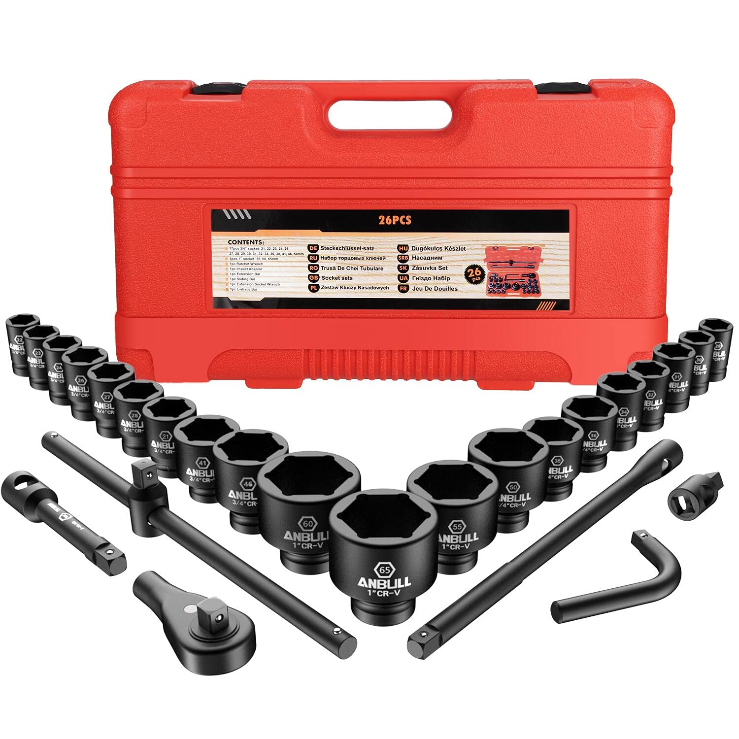 Anbull 3/4" Drive Impact Socket Set, 27 Pieces Jumpo Shallow Sockets(with 3 Sets 1" Drive Impact Socket), Metric Sizes (21-50 mm and 50-65 mm), CR-V Steel with Extension Bars