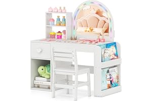 Costzon Kids Vanity, Girls Vanity Set with Lighted Mirror, Bookshelf, Drawer, Storage Cabinet & Shelves, Toddler Makeup Vanity Desk Dressing Table, Wooden Kids Vanity Table and Chair Set (White)
