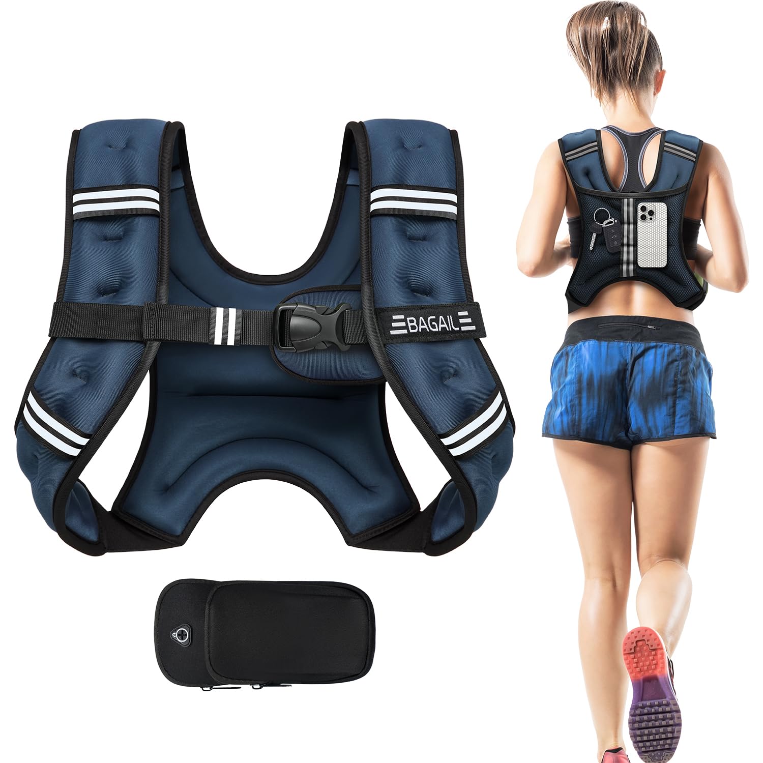 BAGAIL Weighted Vest, 5lbs/8lbs/10lbs/12lbs/15lbs/20lbs/25lbs/30lbs Weight Vest with Detachable Phone Pouch, Rucking Vest for Women, Men, Walking, Weight Loss, Training, Running Image