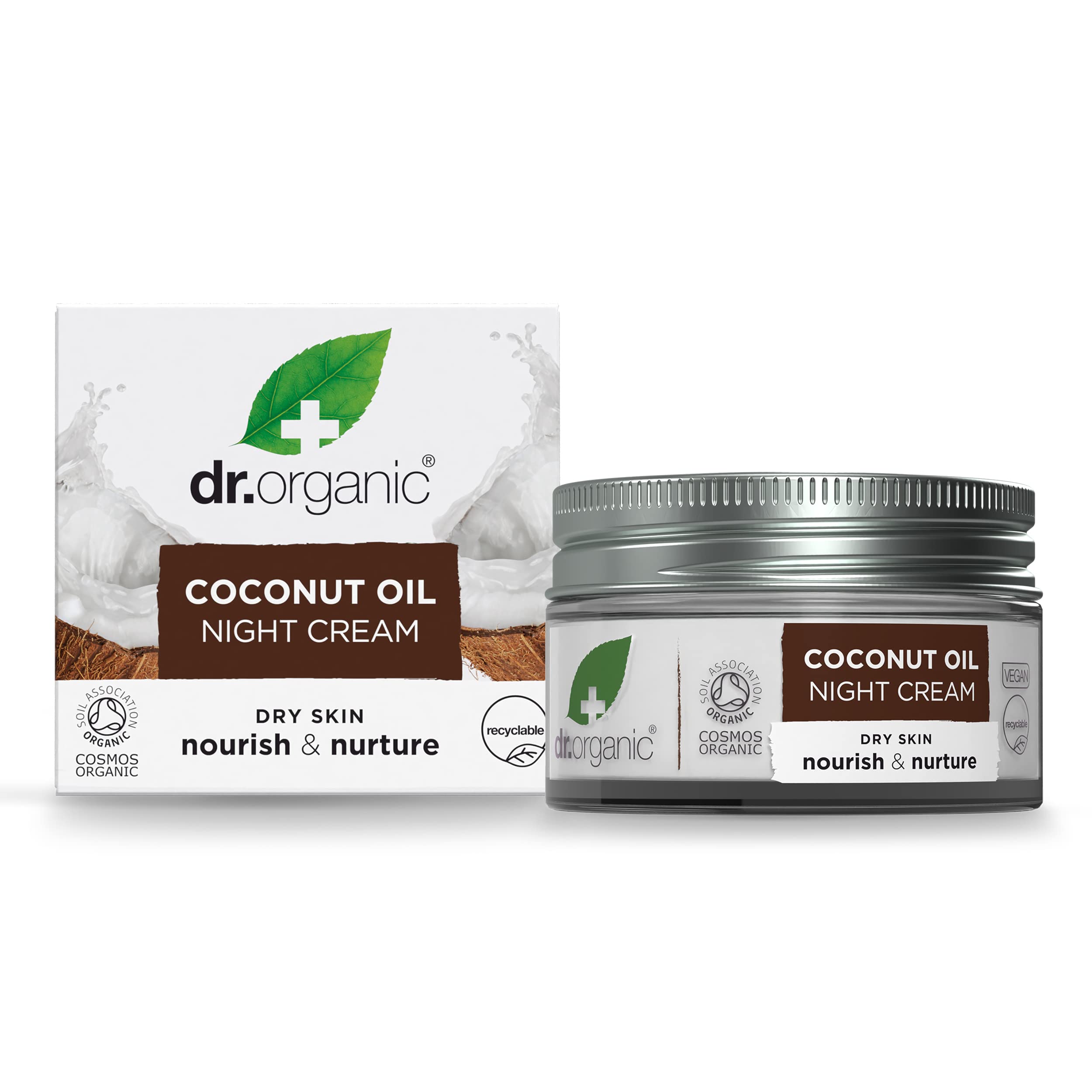 Dr Organic Coconut Oil Night Cream, Moisturising, Dry Skin, Natural, Vegan, Cruelty-Free, Paraben & SLS-Free, Plastic Free, Recycled & Recyclable, Certified Organic, 50ml, Packaging may vary