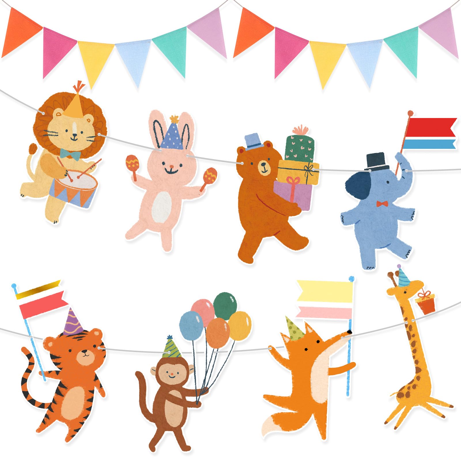 Photo 1 of 2 Pcs Animal Parade Party Banner Set Animals Flag Colorful Pennant Flags for Birthday Hanging Garland Decorations Baby Showers Zoo Jungle Themed Parties Supply