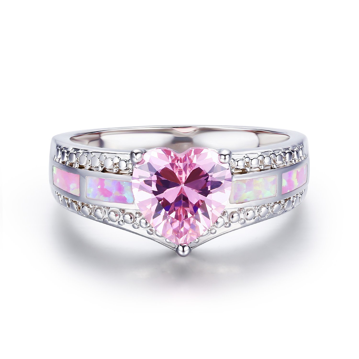 LAVUMO Pink Opal Cute Heart Cubic Zirconia Women Eternity Promise Engagement Rings for Her Gift Band White Gold Plated (7)