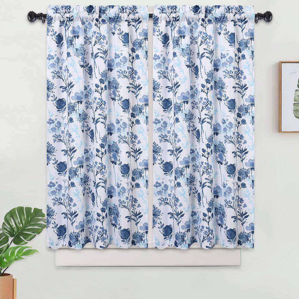 Haperlare Kitchen Cafe Curtains, Leaf Floral Pattern Short Bathroom Window Curtain, Watercolor Flowers Design Half Window Covering Tier Curtains, 27" x 45", Navy Blue/Light Blue, Set of 2