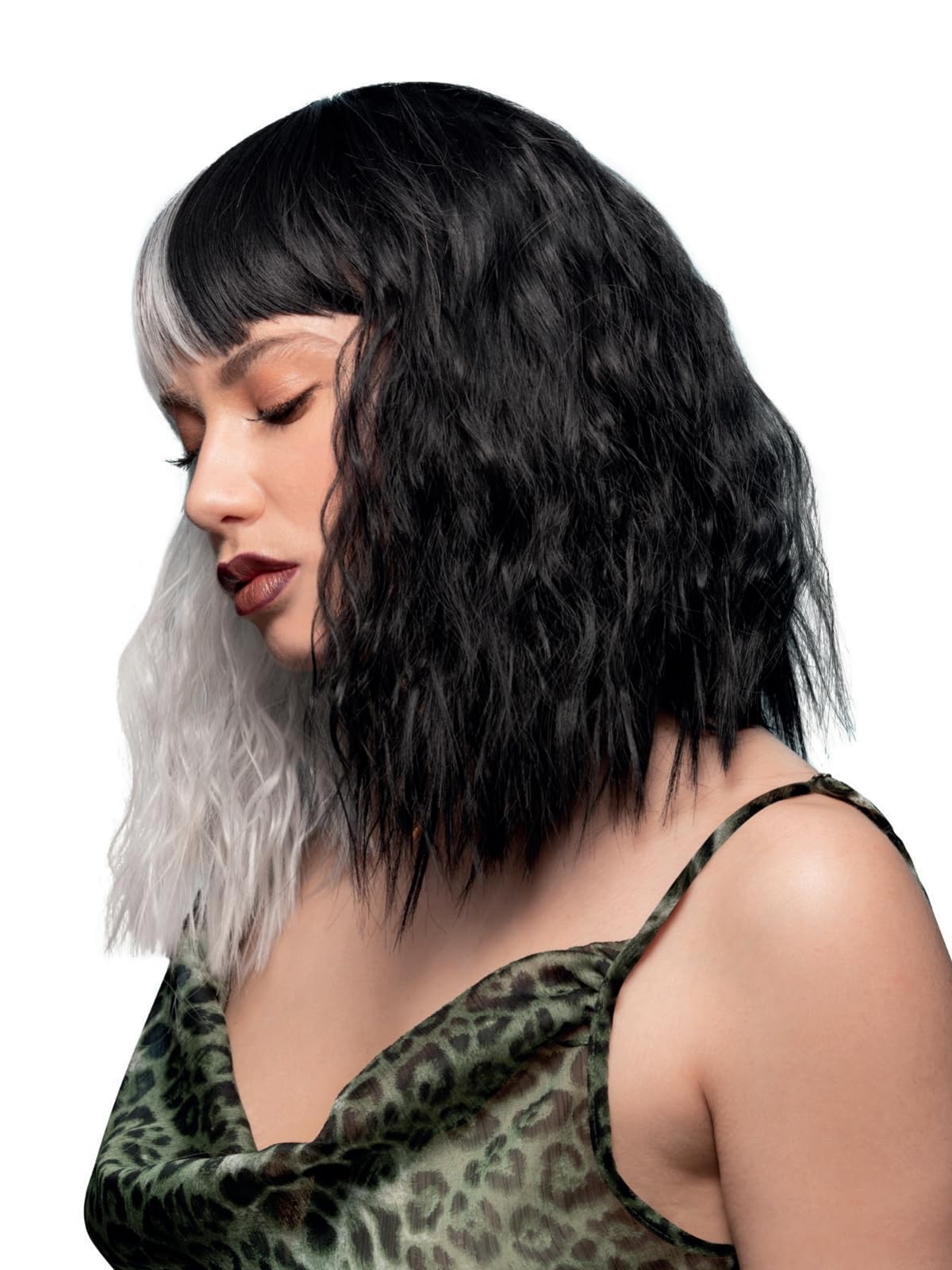 Smiffys Official Manic Panic® Dark Side Of The Moon™ Trash Goddess™ Wig, Midlength Wavy Wig, Heat Styleable with Adjustable Cap, Black & White Half & Half Style. A chic, pre-styled wig — image 1