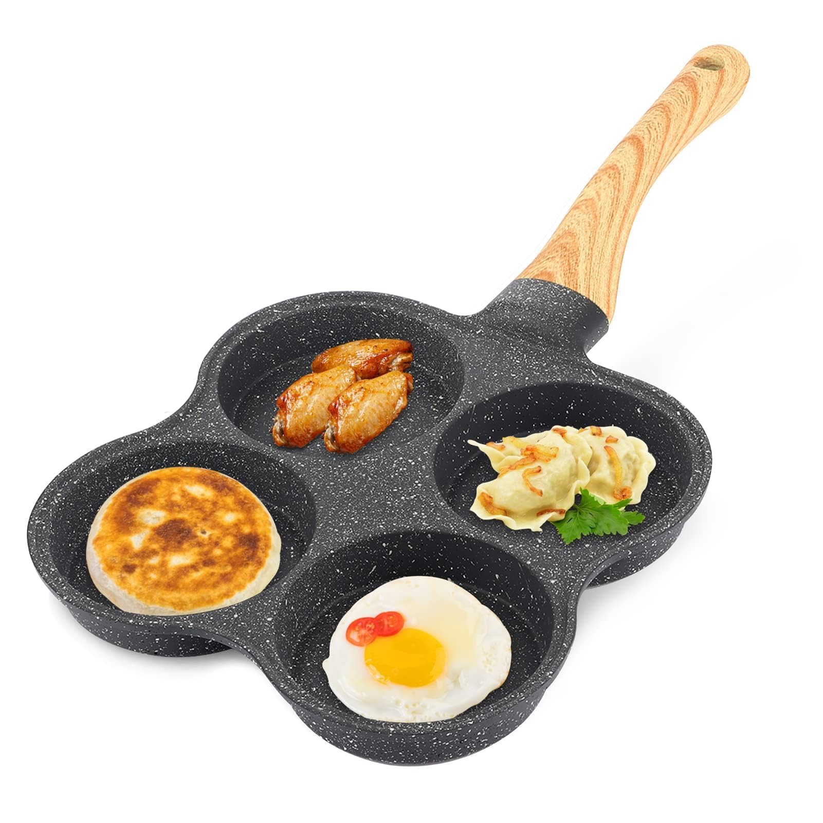 HERCHR 4 Hole Egg Frying Pan,Burger Pan Multi Pancake Pan,Egg Pan Non Stick Aluminum Fried for Breakfast,Omelet Poached Burger Steak Fried for Induction and Gas
