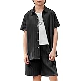 Arshiner Boy's Textured Button Up Shirt and Shorts Set 2 Piece Summer Beach Outfit for 5~12 Years Kids