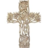 Top Brass Garden of Life Decorative Wall Cross &ndash; Rustic Carved Wood Look &ndash; Flowers and Doves Spiritual Jesus Art