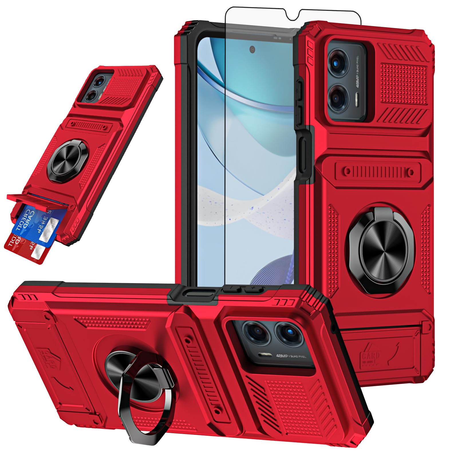 Furiet Phone Case for Motorola Moto G 5G 2023 with Tempered Glass Screen Protector Card Slots Magnetic Ring Stand Shockproof Silicone Bumper Hybrid Two Layer Defender for G5G 5 G G5 Women Men Red