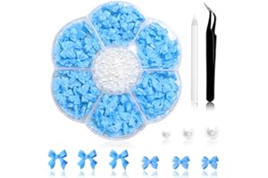 RODAKY 300Pcs Bow Charms and Flatback Pearls - Blue Bowknot 3D Cute Nail Supplies for Acrylic Design, 3-5mm White Half Pearls for Jewelry DIY Crafts Art Decoration Accessories