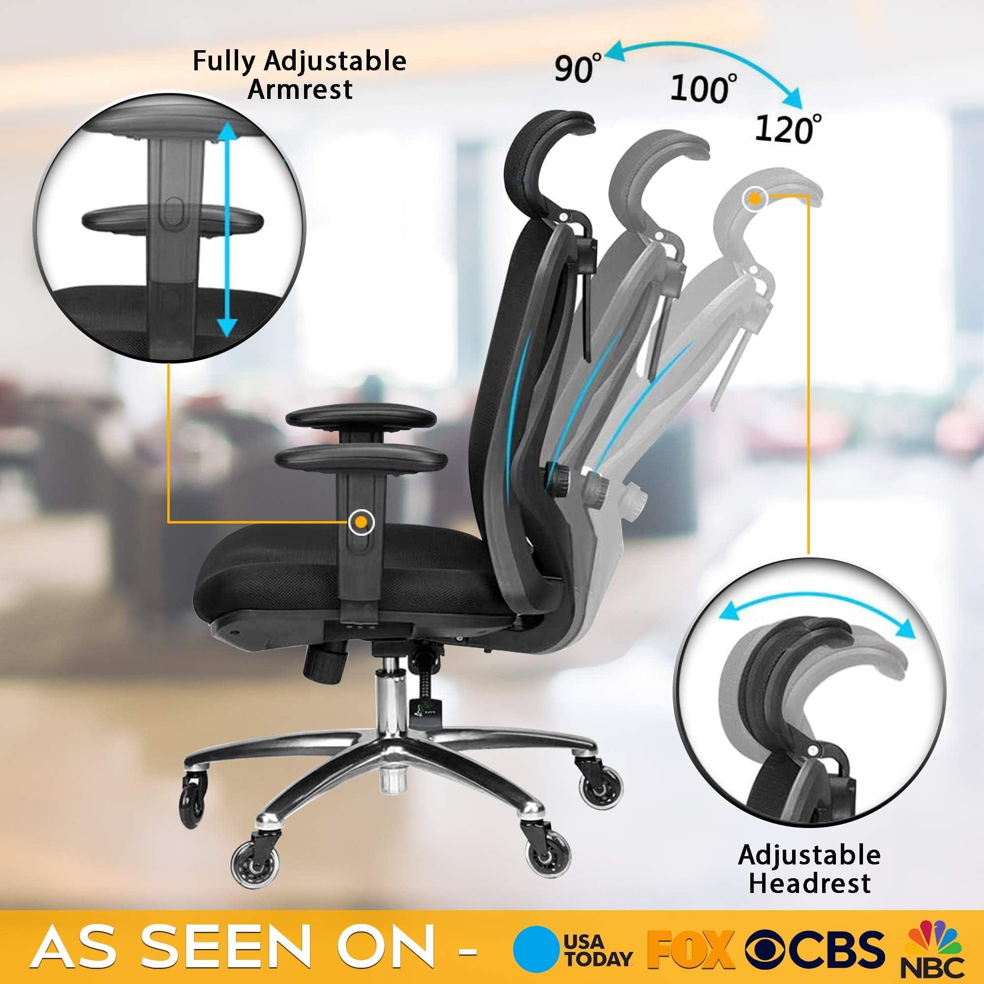 Ergonomic Office Chair - Adjustable High-Back Desk Chair with Lumbar Support, Rollerblade Wheels, Breathable Mesh, Thick Seat Cushion, Headrest Armrests - Reclining Executive Computer Home Chair - Image 4