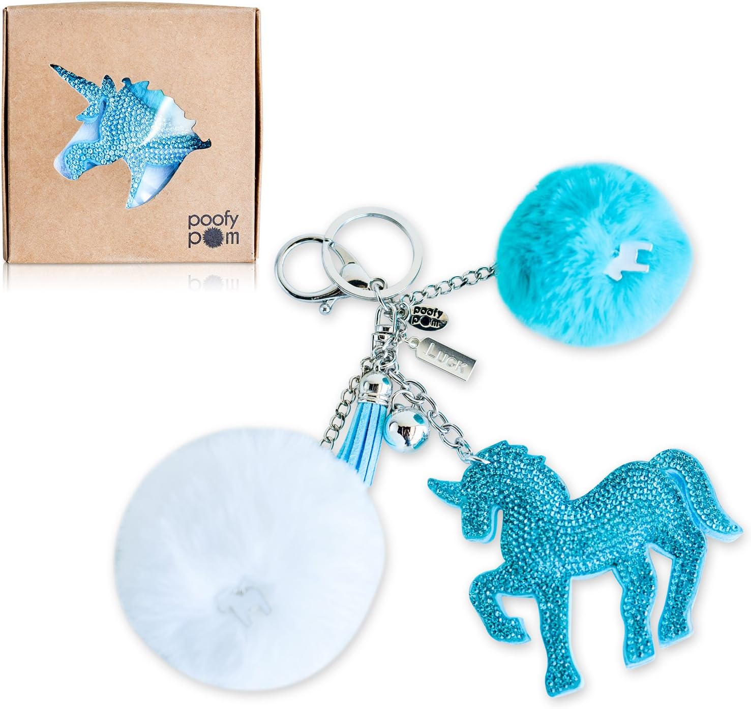 Pom Keychain. Give the Gift of Good Luck. Furball Keychain with Rhinestone, Teal Blue Unicorn.