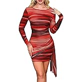 XIITYMU Fall Dresses for Women 2026 Fashion Long Sleeve Crew Neck Slim Fit Mesh Ruched Cocktail Party Bodycon Mini Dress
