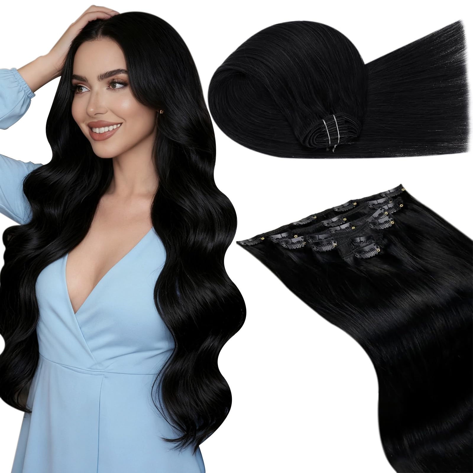 LaaVoo Black Hair Extensions Clip in 24 Inch Clip in Hair Extensions Real Human Hair Natural Black 140g 7pcs Full Head Remy Straight Hair Double Weft #1 — image 1