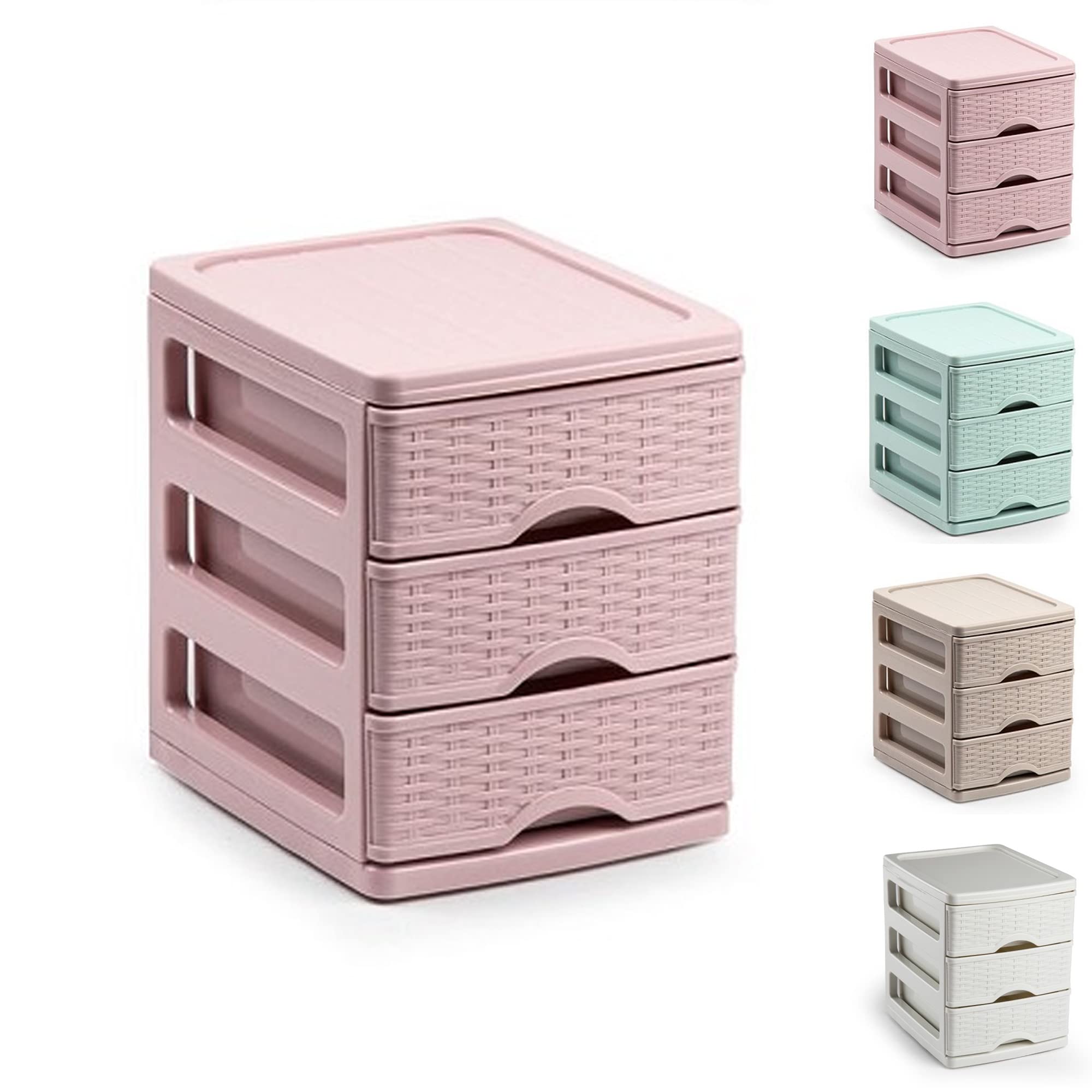 3 Drawers Plastic Desktop Storage Unit with Drawers, Stationary Arts Drawer Desktop Tabletop Organiser Storage Tower Unit for Office Bedroom Garage (17 x 13.5 x 17cm - Rattan Pink)