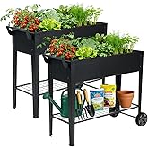 FOYUEE 2-Pack 32" Tall Elevated Raised Garden Bed with Wheels and Shelf | Rolling raised garden planter, heavy-duty anti-rust steel, 400 lbs, storage, drainage, for herbs, flowers, patio, balcony