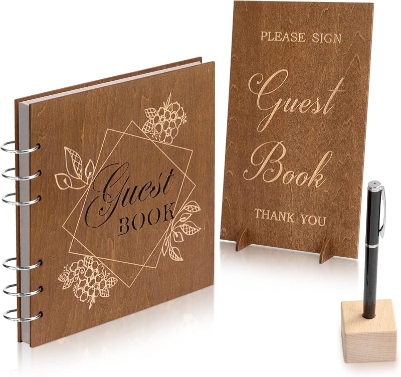 Creawoo Wooden Wedding Guest Book Set with Table Sign & Pen Holder