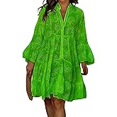 BIVENANT White Floral Dress for Women Hollow Out Lace Boho Solid V Neck Long Sleeve Button Down Midi Dress