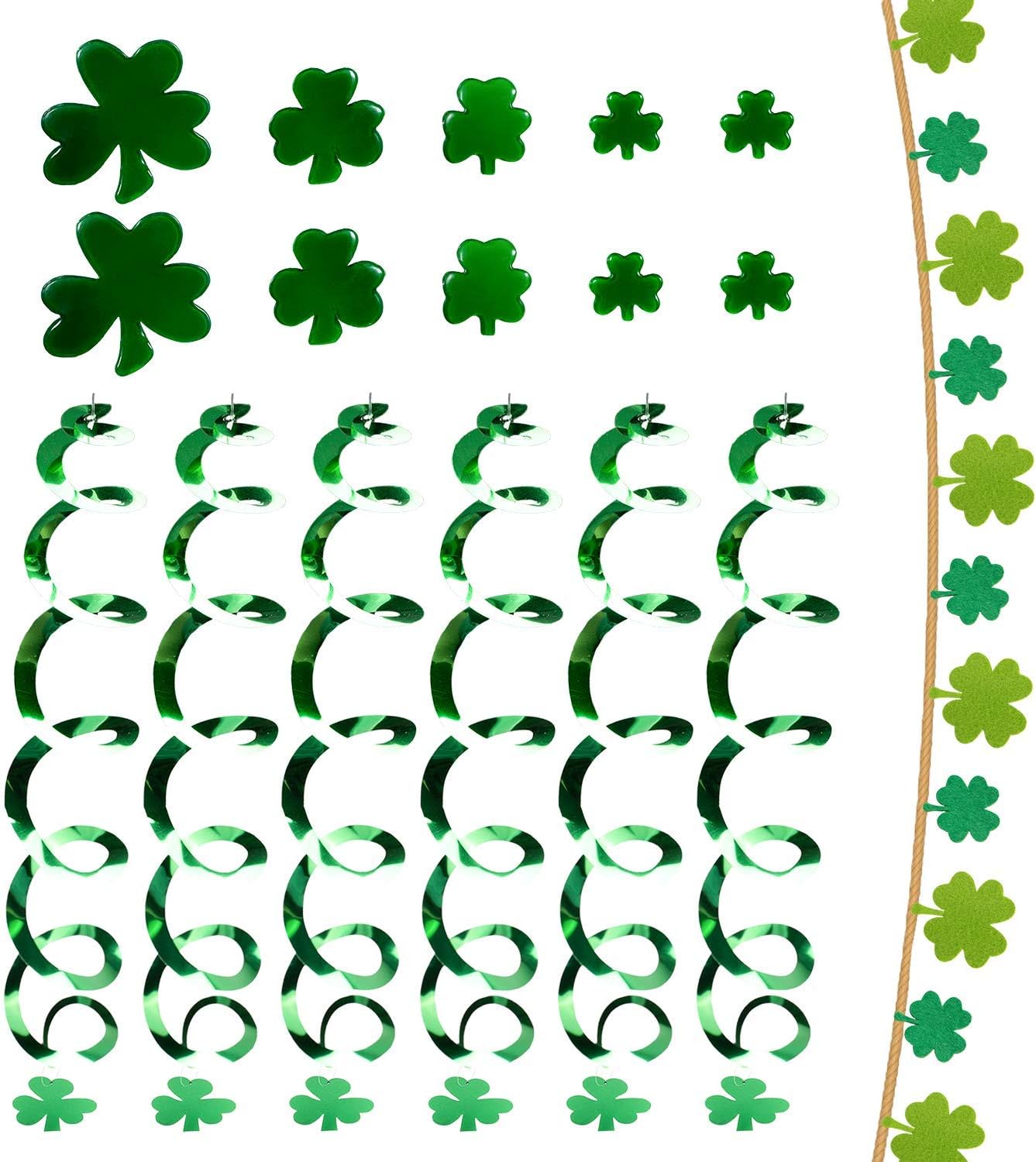 Ventvinal St. Patricks Day Decoration Set, Irish Green Party Ornament Kit Including 1pcs Clover Banner Garland, 6pcs Shamrock Hanging Swirls, 10pcs Glass Stickers