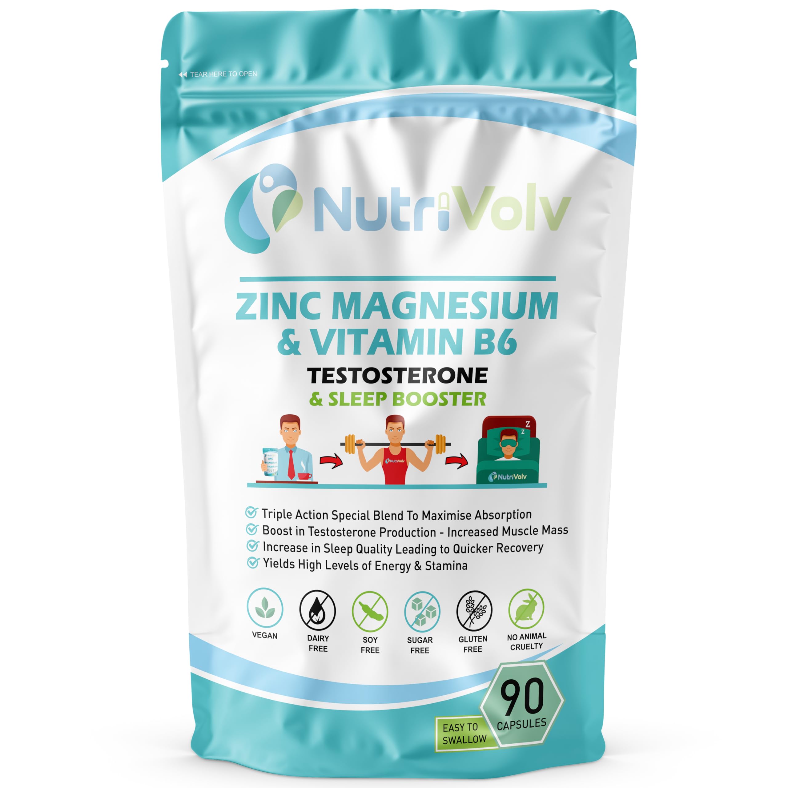 NutriVolv ZMA – Zinc Magnesium & Vitamin B6 Supplement | 90 Vegan Capsules | High Strength ZMA Complex | Supports Sleep, Muscle Recovery, Energy, Testosterone & Hormone Balance | Immune Health UK Made