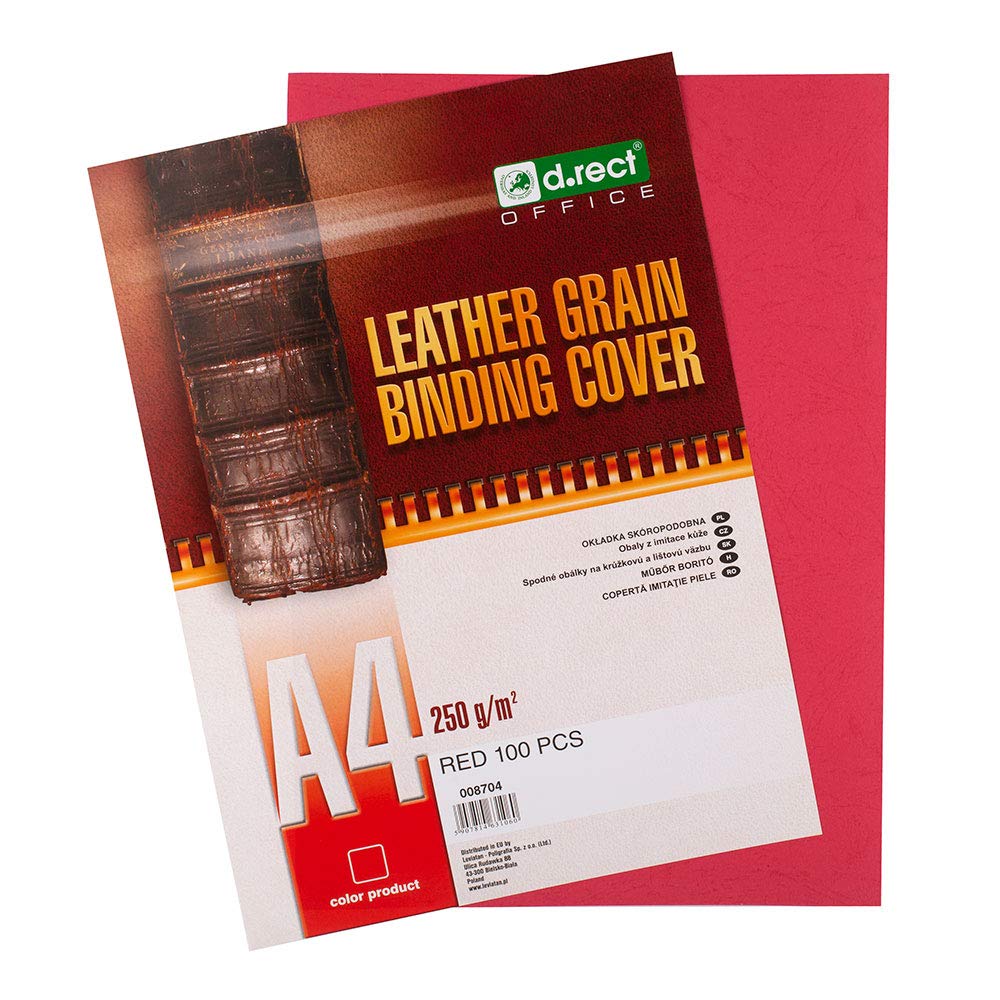 D.RECT Back Cover Sheets with Leather Structure Back Cardboard 250 g/m² Back Cover for Bindings A4 Pack of 100 Red