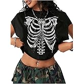 BEAUDRM Women's Gothic Skull Print Cap Sleeve T Shirt Crew Neck Oversized Crop Tee Tops