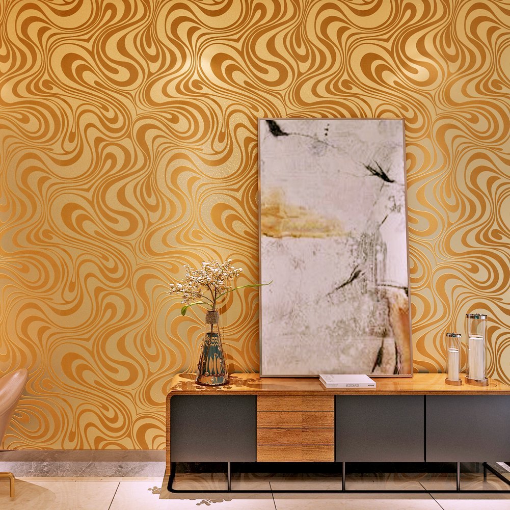 HANMERO Modern Minimalist Abstract Curves Glitter Non-Woven 3D Wallpaper for Bedroom Living Room TV Backdrop Gold