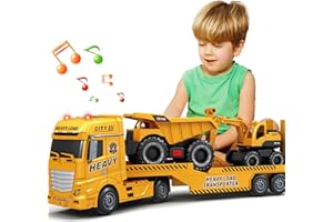 Bstoyder Toddler Boy Toys for 3 4 5 6 7 Years Kids, 25" Semi Construction Carrier Truck Toy with Excavator and Dump Truck, Friction Powered Toys with Lights and Sounds, Birthday for Boy Girls