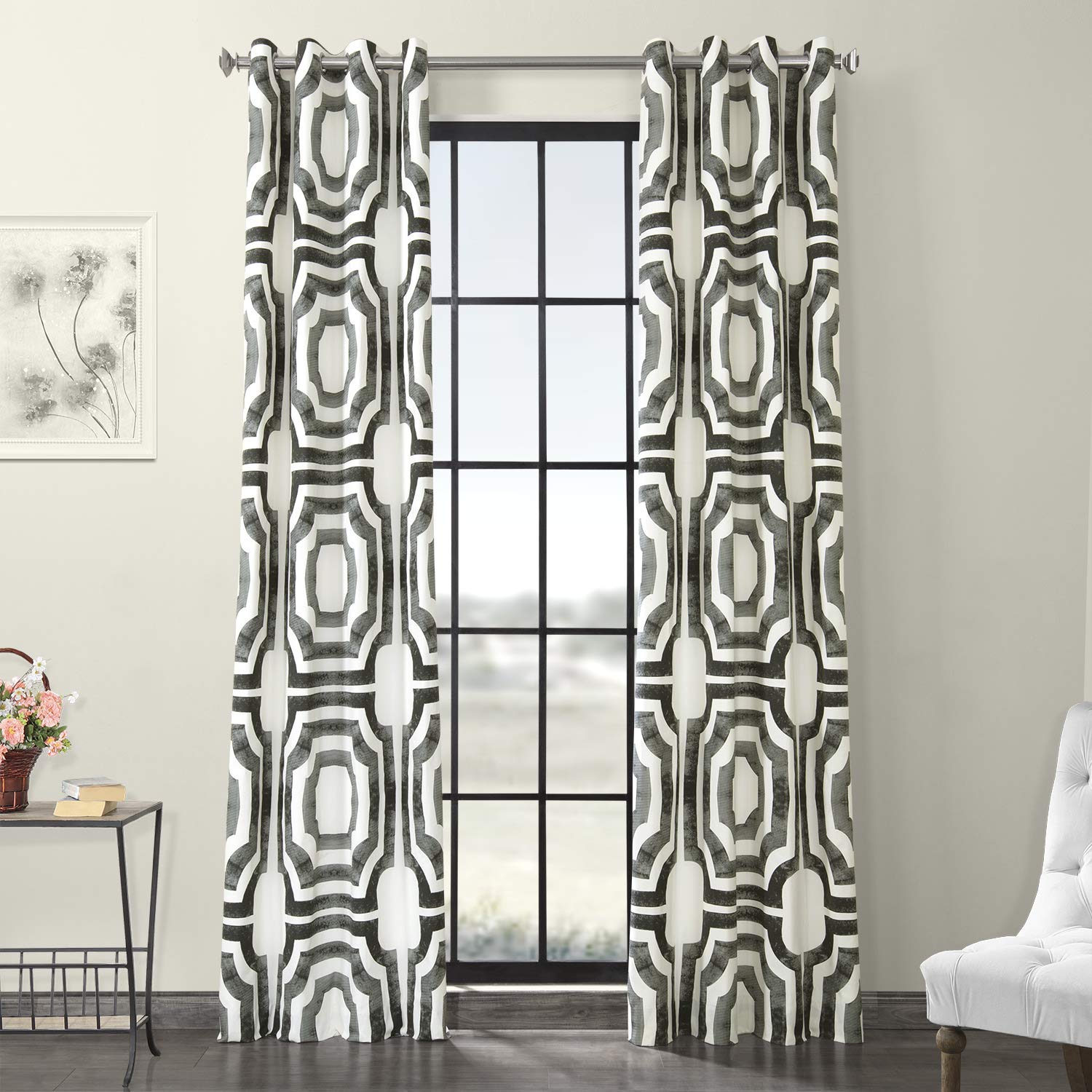 HPD Half Price Drapes PRTW-D23A-96-GR Grommet Printed Cotton Curtain (1 Panel), 50 X 96, Mecca Steel