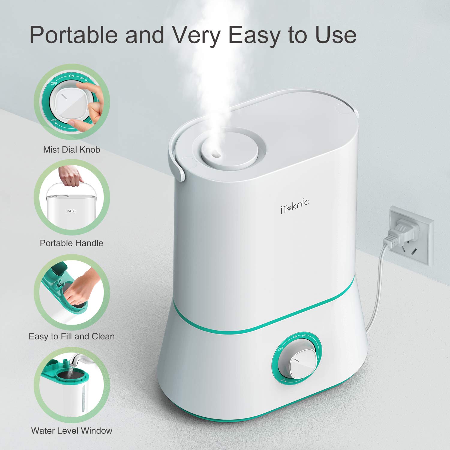 iTeknic Humidifiers, Upgrade Ultrasonic Cool Mist Humidifier for Bedroom Baby 12-50 Hours, Ultra Quiet, Easy to Clean, 360° Nozzle, Auto Shut-Off (4L/1.06 Gallon US 110V)