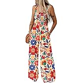 Dokotoo Women's Casual Loose Overalls Jumpsuits One Piece Sleeveless Printed Wide Leg Long Pant Rompers With Pockets