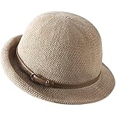 Women Straw Cloche Sun Hat Summer Church Hat Retro 1920s Round Beach Bowler Bucket Hats UPF 50+ Rolled Brim Travel Cap