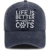 Life is Better with Cats Hat for Men Women, Funny Adjustable Embroidered Animal Gifts Baseball Cap