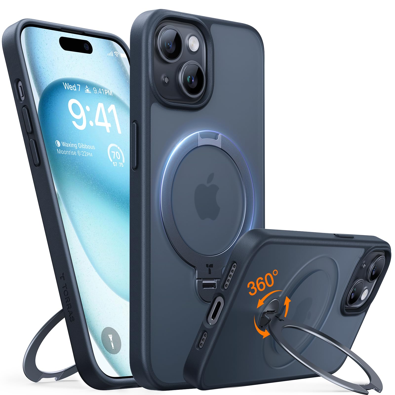TORRAS 360° Spin Magnetic Stand for iPhone 15 Case, Compatible with Magsafe,14 FT Military Grade Shockproof Slim Protective iPhone 15 Case with Kickstand Ring Holder, Ostand Spin-Black — image 1